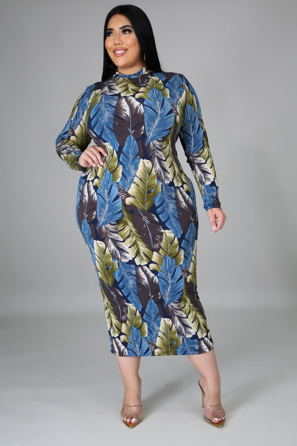 LILA LEAVES PRINT BODYCON MIDI DRESS