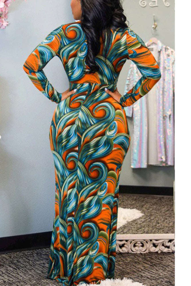 Sexy Print Fold V-Neck Long Sleeve Dress