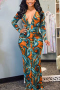 Sexy Print Fold V-Neck Long Sleeve Dress